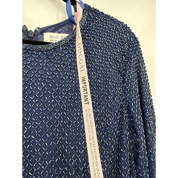 Mac Duggal 5056 Navy Blue Long Sleeve Beaded Maxi Dress w/ Train Size 12 NWT - Picture 6 of 12